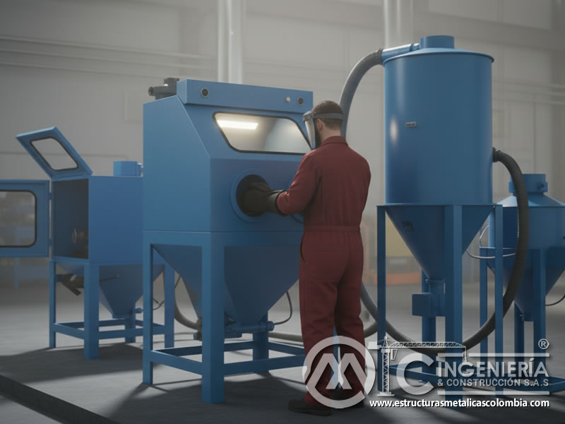 Operario en cabina azul de chorreado abrasivo con ciclón colector en Bogotá, Colombia. Montajes, Ingeniería y Construcción. MIC SAS. Operario en cabina azul de chorreado abrasivo con ciclón colector en Bogotá, Colombia. Montajes, Ingeniería y Construcción. MIC SAS.
