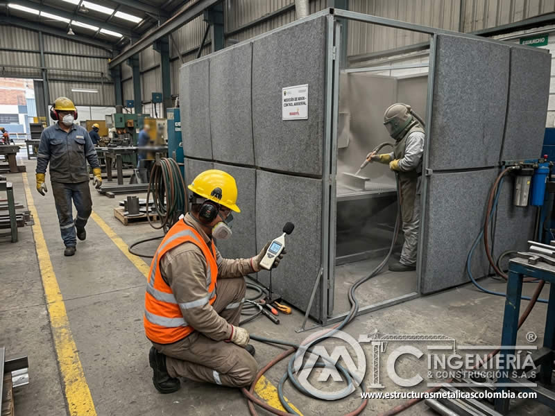 Control de ruido en sandblasting con barreras acústicas y medición de niveles sonoros en Bogotá, Colombia. Montajes, Ingeniería y Construcción. MIC SAS.