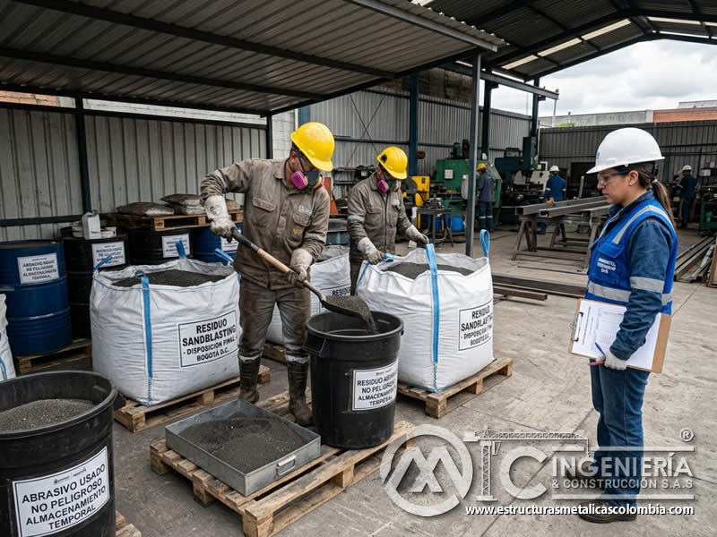 Gestión de residuos de arenado con abrasivos usados, almacenamiento y disposición segura en Bogotá, Colombia. Montajes, Ingeniería y Construcción. MIC SAS.