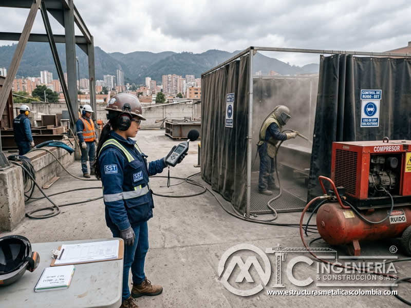 Monitoreo de ruido en arenado con sonómetro para evaluar impacto ambiental en Bogotá, Colombia. Montajes, Ingeniería y Construcción. MIC SAS.