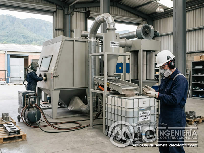 Sistema de recuperación de chorro abrasivo para clasificar y reutilizar abrasivo reciclado en Bogotá, Colombia. Montajes, Ingeniería y Construcción. MIC SAS.