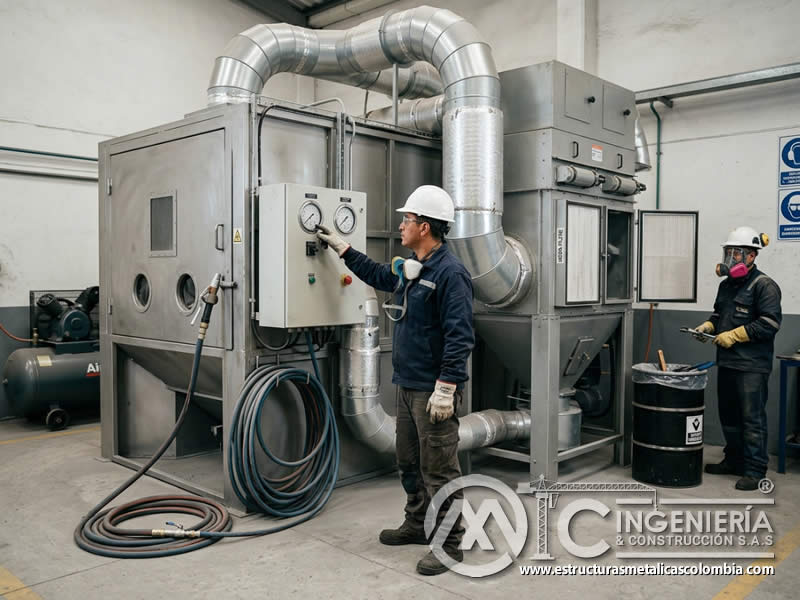 Ventilación y cabina de sandblasting con filtros para controlar polvo y emisiones en Bogotá, Colombia. Montajes, Ingeniería y Construcción. MIC SAS.