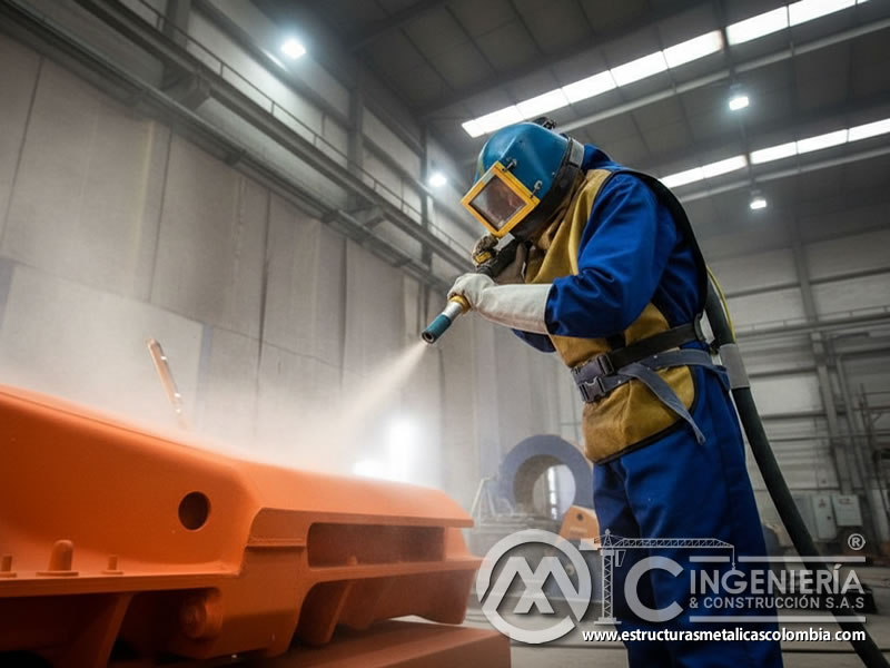 Operario certificado aplicando samblasteo sobre pieza industrial en Bogotá, Colombia. Montajes, Ingeniería y Construcción. MIC SAS. Operario certificado aplicando samblasteo sobre pieza industrial en Bogotá, Colombia. Montajes, Ingeniería y Construcción. MIC SAS.