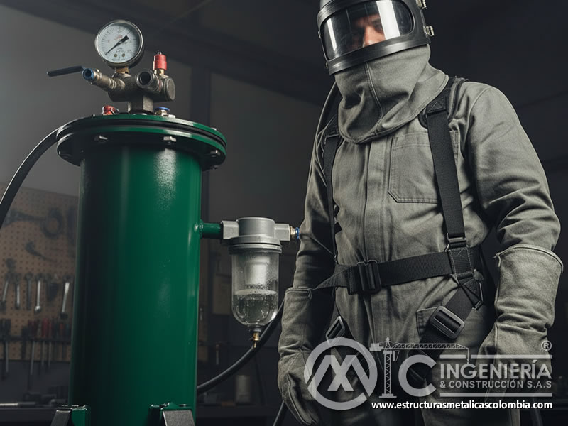 Operario inspeccionando equipo de samblasteo con manómetro y EPP en Bogotá, Colombia. Montajes, Ingeniería y Construcción. MIC SAS. Operario inspeccionando equipo de samblasteo con manómetro y EPP en Bogotá, Colombia. Montajes, Ingeniería y Construcción. MIC SAS.