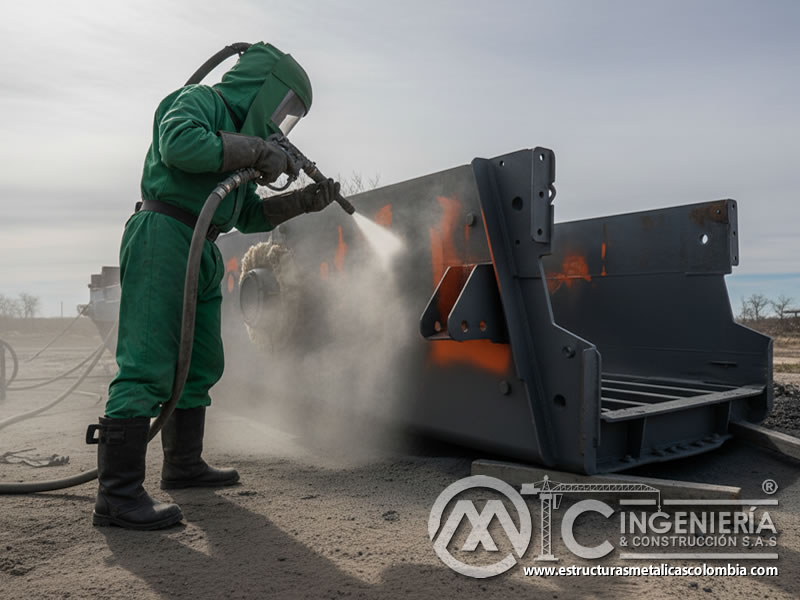 Práctica de chorreado abrasivo sobre estructura metálica con EPP en Bogotá, Colombia. Montajes, Ingeniería y Construcción. MIC SAS. Práctica de chorreado abrasivo sobre estructura metálica con EPP en Bogotá, Colombia. Montajes, Ingeniería y Construcción. MIC SAS.