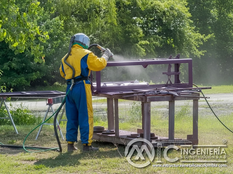 Práctica de chorro de arena sobre estructura metálica al aire libre en Bogotá, Colombia. Montajes, Ingeniería y Construcción. MIC SAS. Práctica de chorro de arena sobre estructura metálica al aire libre en Bogotá, Colombia. Montajes, Ingeniería y Construcción. MIC SAS.