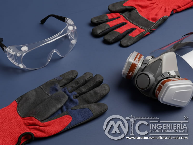 Guantes, gafas y respirador de media cara como elementos básicos de protección en limpieza abrasiva controlada en Bogotá, Colombia. Montajes, Ingeniería y Construcción. MIC SAS.