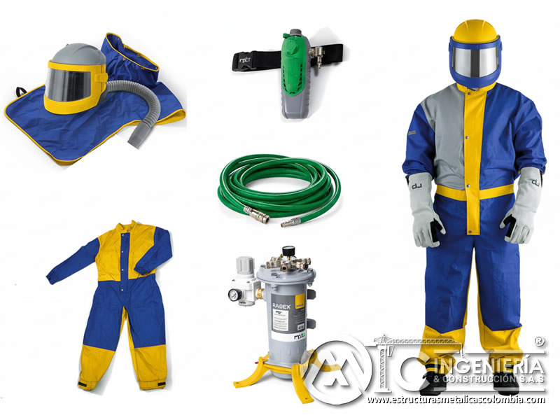 Kit completo de EPP para arenado con traje, casco, guantes y regulador de aire para operaciones industriales seguras en Bogotá, Colombia. Montajes, Ingeniería y Construcción. MIC SAS.