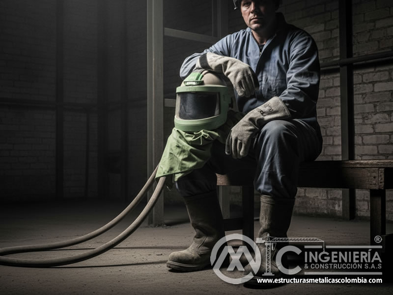 Operario equipado con casco de sandblasting, guantes y botas de seguridad para reducir riesgos en la zona de trabajo en Bogotá, Colombia. Montajes, Ingeniería y Construcción. MIC SAS.