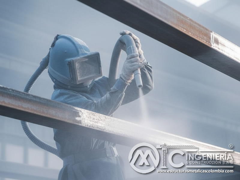 Operario con casco y traje de chorreado abrasivo trabajando sobre vigas metálicas con protección corporal completa en Bogotá, Colombia. Montajes, Ingeniería y Construcción. MIC SAS.