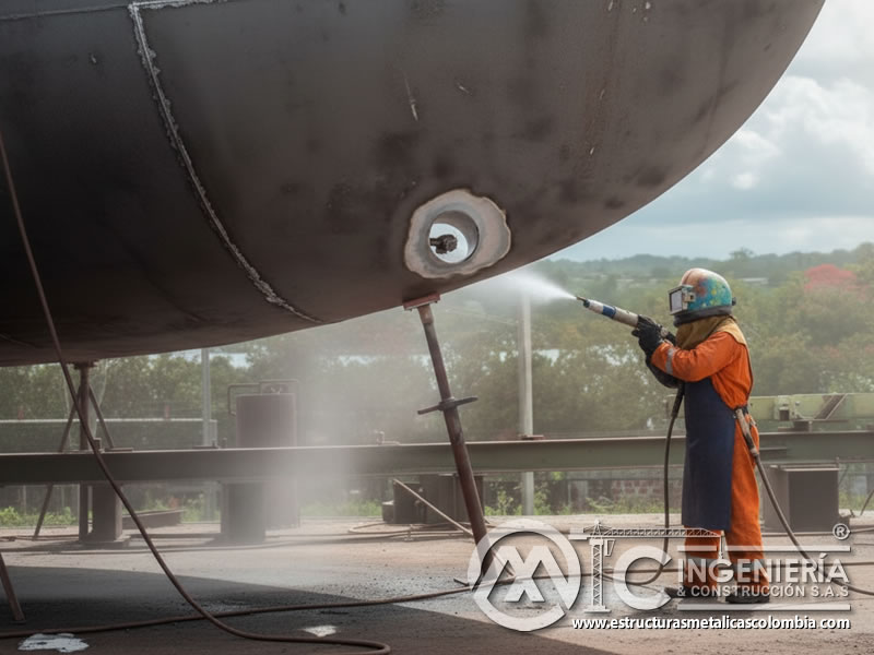 Operario con traje naranja y casco especializado realizando arenado sobre un tanque industrial metálico en Bogotá, Colombia. Montajes, Ingeniería y Construcción. MIC SAS.