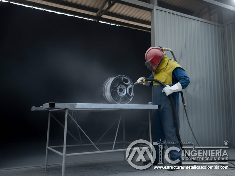 Trabajador con EPP arenando un aro metálico dentro de cabina de sandblasting con control de partículas en Bogotá, Colombia. Montajes, Ingeniería y Construcción. MIC SAS.