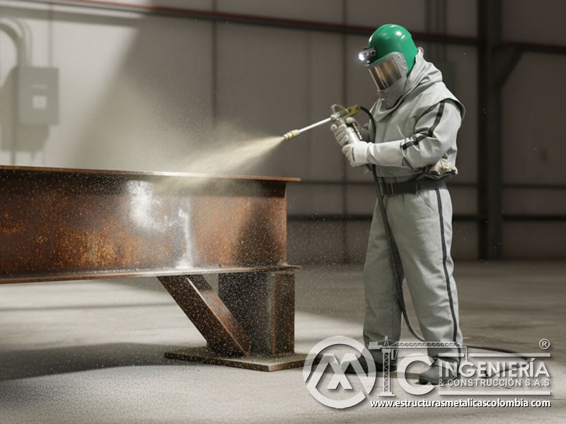 Trabajador con EPP completo aplicando chorro abrasivo sobre acero, con protección respiratoria, facial y corporal en Bogotá, Colombia. Montajes, Ingeniería y Construcción. MIC SAS.
