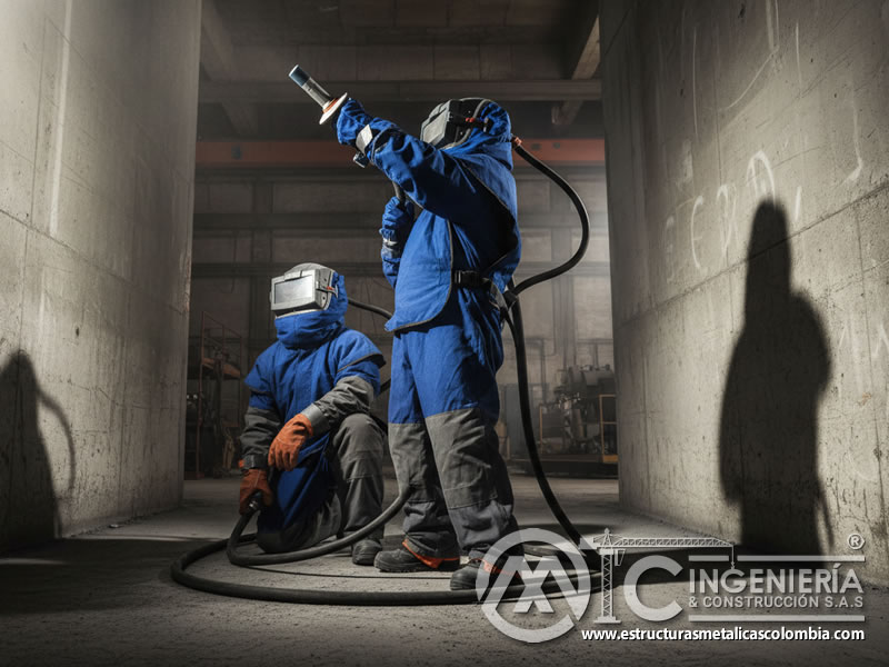 Trabajadores con EPP realizando granallado en espacio confinado, donde la ventilación y la protección respiratoria son críticas en Bogotá, Colombia. Montajes, Ingeniería y Construcción. MIC SAS.