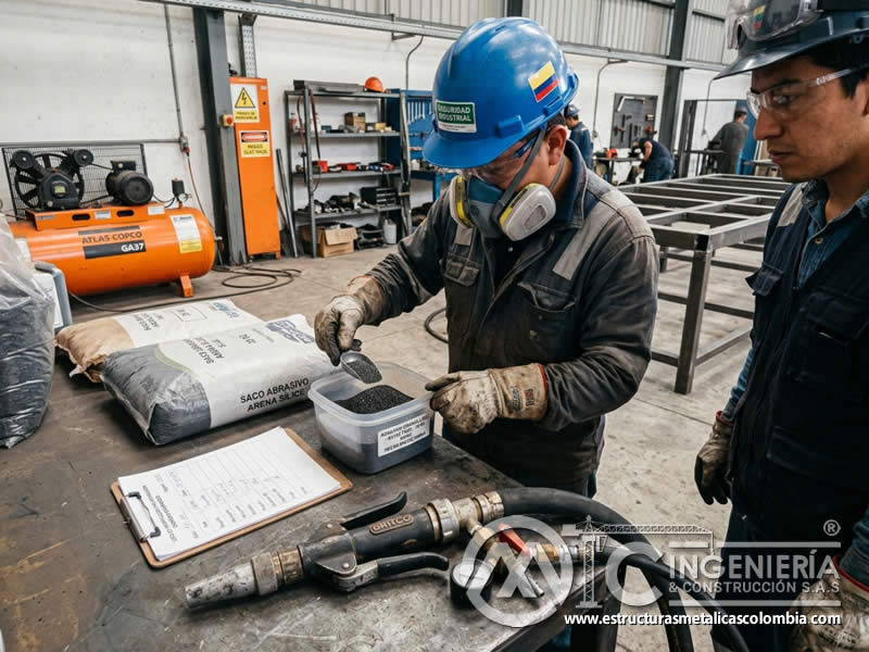 Análisis de materiales de arenado, abrasivos y equipos antes de iniciar el trabajo en Bogotá, Colombia. Montajes, Ingeniería y Construcción. MIC SAS.