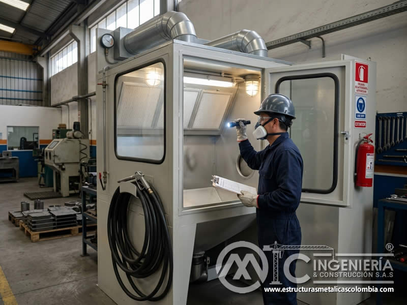 Cabina de sandblasting evaluada por ventilación, iluminación y visibilidad segura en Bogotá, Colombia. Montajes, Ingeniería y Construcción. MIC SAS.