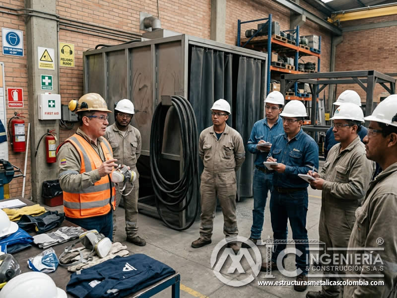 Capacitación de trabajadores sobre riesgos de sandblasting, EPP, controles y emergencias en Bogotá, Colombia. Montajes, Ingeniería y Construcción. MIC SAS.