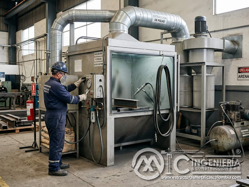 Control de ingeniería en sandblasting con ventilación, cabina y captura de polvo en Bogotá, Colombia. Montajes, Ingeniería y Construcción. MIC SAS.