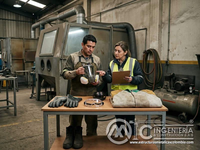 EPP para sandblasting con respirador, gafas, guantes y traje protector seleccionado según el riesgo en Bogotá, Colombia. Montajes, Ingeniería y Construcción. MIC SAS.