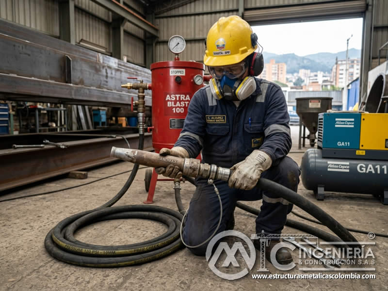 Evaluación de equipo de alta presión en sandblasting, boquilla y retroceso seguro en Bogotá, Colombia. Montajes, Ingeniería y Construcción. MIC SAS.