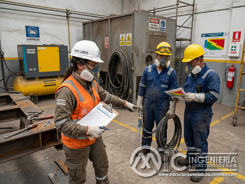 Identificación de riesgos en sandblasting durante inspección previa del sitio de trabajo en Bogotá, Colombia. Montajes, Ingeniería y Construcción. MIC SAS.