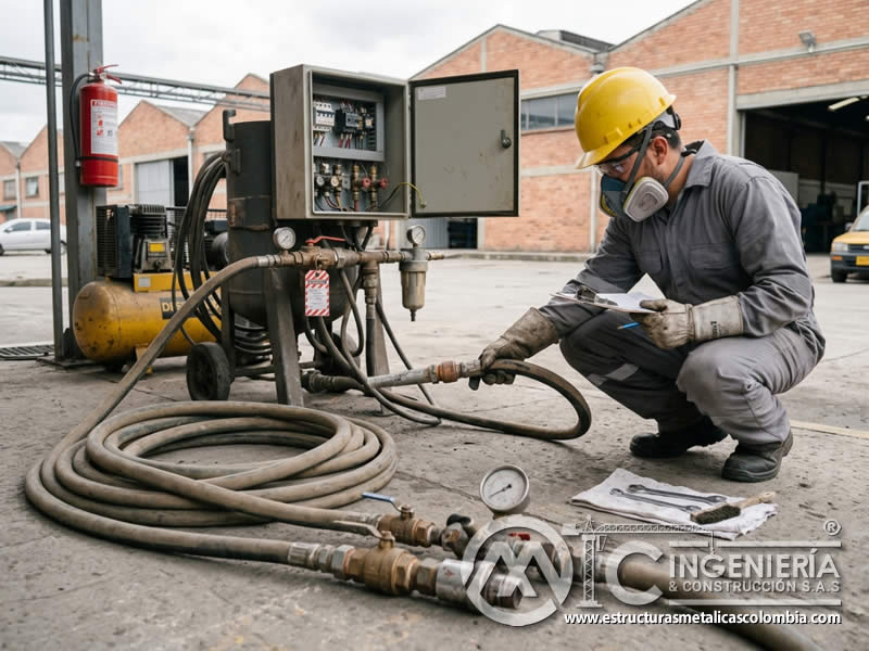 Inspección de equipos de sandblasting, mangueras, boquillas, válvulas y fugas en Bogotá, Colombia. Montajes, Ingeniería y Construcción. MIC SAS.