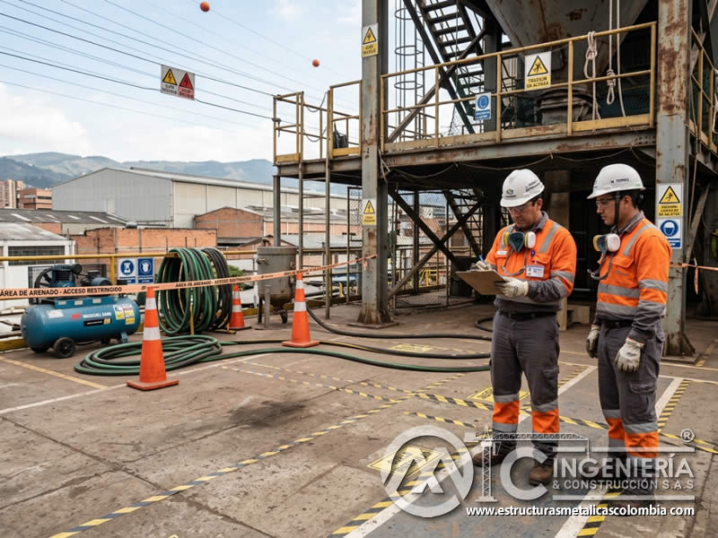 Inspección del sitio de sandblasting para detectar obstáculos, superficies inestables y líneas eléctricas en Bogotá, Colombia. Montajes, Ingeniería y Construcción. MIC SAS.