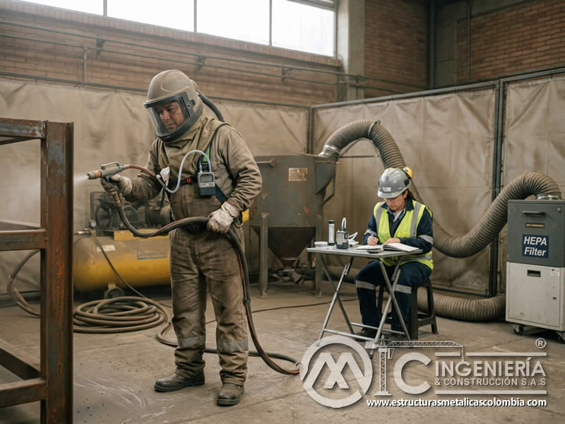 Peligro de sílice cristalina en chorro de arena con monitoreo de polvo y protección respiratoria en Bogotá, Colombia. Montajes, Ingeniería y Construcción. MIC SAS.