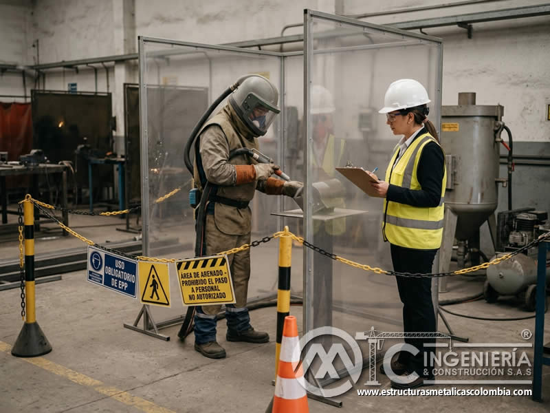 Proyección de partículas en arenado con riesgo ocular y facial controlado mediante EPP en Bogotá, Colombia. Montajes, Ingeniería y Construcción. MIC SAS.