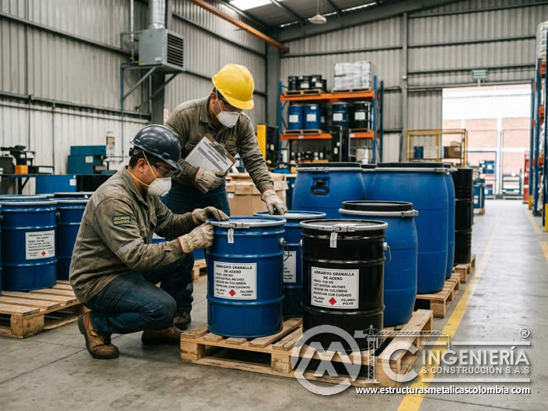 Contenedores herméticos para proteger abrasivos de humedad, derrames y contaminación durante trabajos de sandblasting en Bogotá, Colombia. Montajes, Ingeniería y Construcción. MIC SAS.
