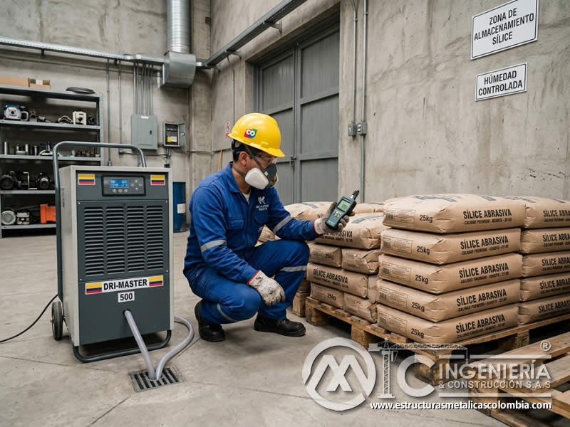 Uso de deshumidificador en zona de almacenamiento para proteger abrasivos de sílice contra humedad ambiental en Bogotá, Colombia. Montajes, Ingeniería y Construcción. MIC SAS.