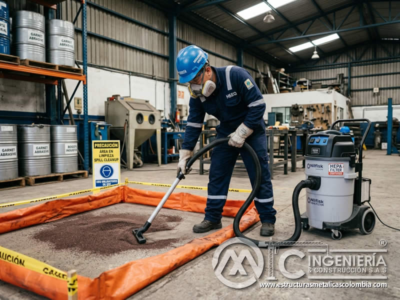 Limpieza de derrame de abrasivo con barreras de contención y aspiradora industrial con filtro HEPA en Bogotá, Colombia. Montajes, Ingeniería y Construcción. MIC SAS.