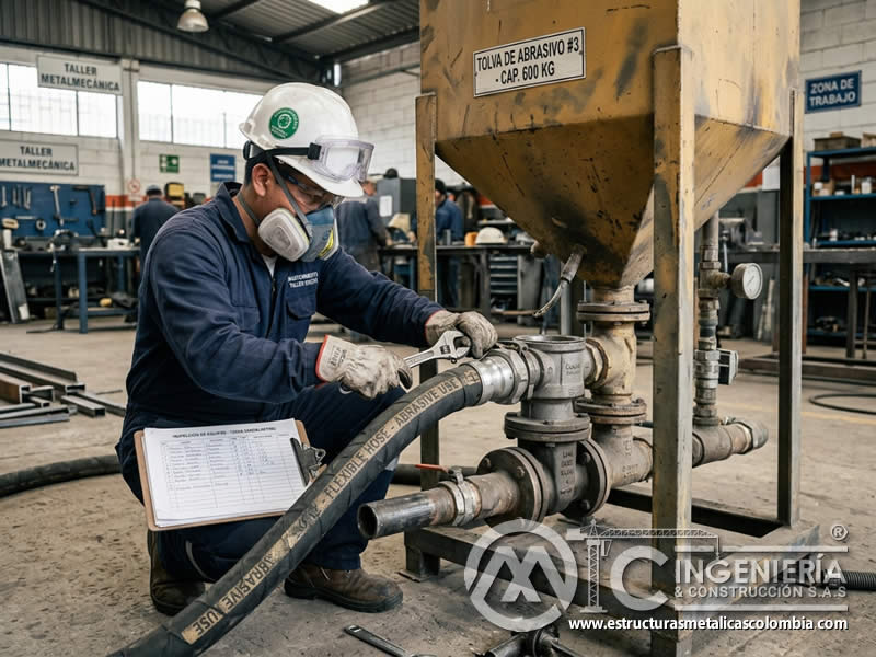 Mantenimiento de tolvas, válvulas, conexiones y mangueras para manejo seguro de abrasivos en Bogotá, Colombia. Montajes, Ingeniería y Construcción. MIC SAS.