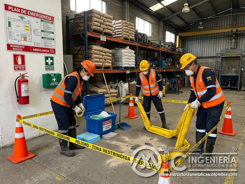 Plan de emergencia para derrames de abrasivos con kit de contención, señalización y respuesta rápida en Bogotá, Colombia. Montajes, Ingeniería y Construcción. MIC SAS.