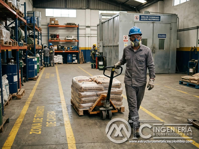 Transporte interno de abrasivos con carretilla, palets y rutas señalizadas para evitar derrames en Bogotá, Colombia. Montajes, Ingeniería y Construcción. MIC SAS.