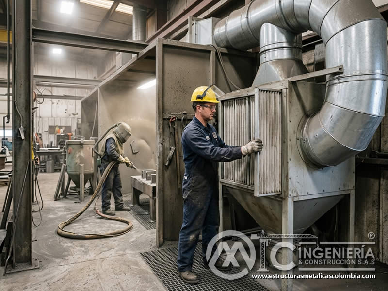 Control de polvo en cabina de sandblasting mediante ventilación y contención en Bogotá, Colombia. Montajes, Ingeniería y Construcción. MIC SAS.