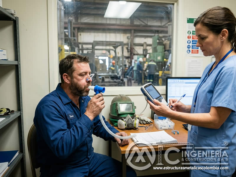 Prueba de espirometría para monitorear función pulmonar en sandblasting en Bogotá, Colombia. Montajes, Ingeniería y Construcción. MIC SAS.