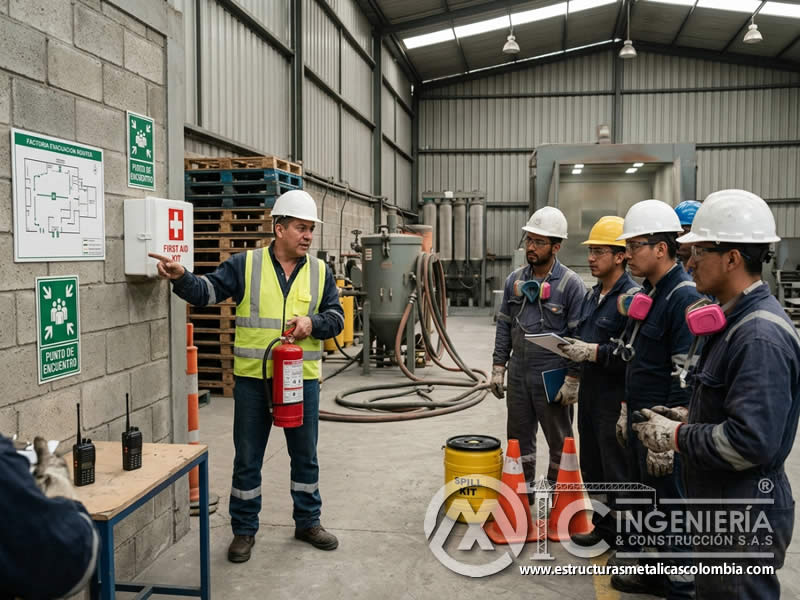 Capacitación en emergencias de sandblasting con extintor, botiquín y comunicación clara en Bogotá, Colombia. Montajes, Ingeniería y Construcción. MIC SAS.