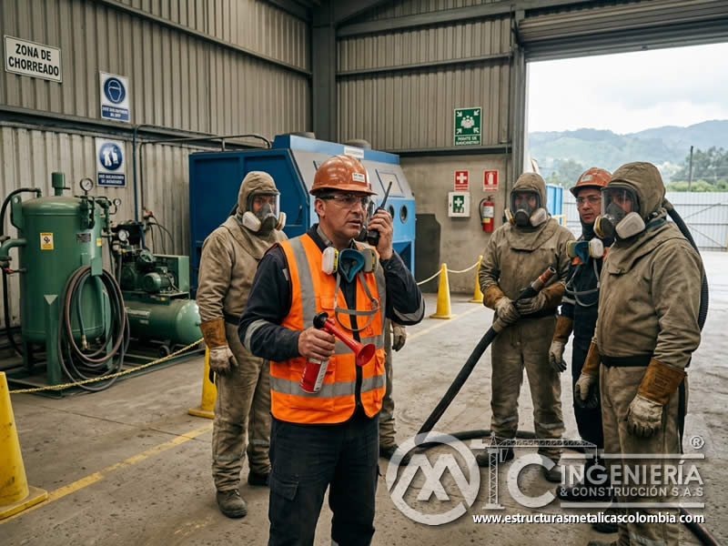 Comunicación de emergencias en chorro abrasivo mediante radios, alarmas y coordinación en Bogotá, Colombia. Montajes, Ingeniería y Construcción. MIC SAS.