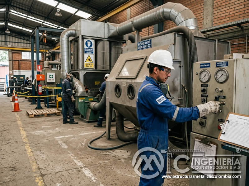 Control de ingeniería en sandblasting con cabina, ventilación y captura de polvo en Bogotá, Colombia. Montajes, Ingeniería y Construcción. MIC SAS.