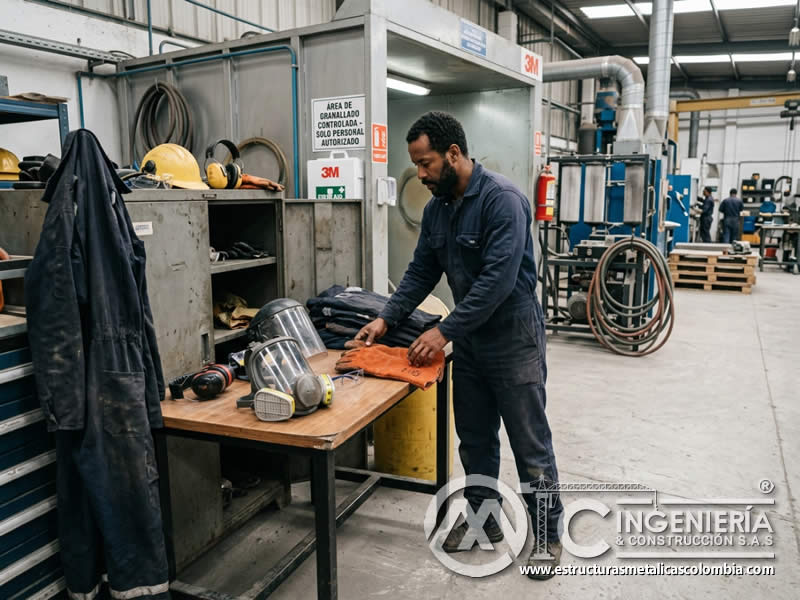 EPP de emergencia para sandblasting con respirador, careta, guantes, overol y botas en Bogotá, Colombia. Montajes, Ingeniería y Construcción. MIC SAS.