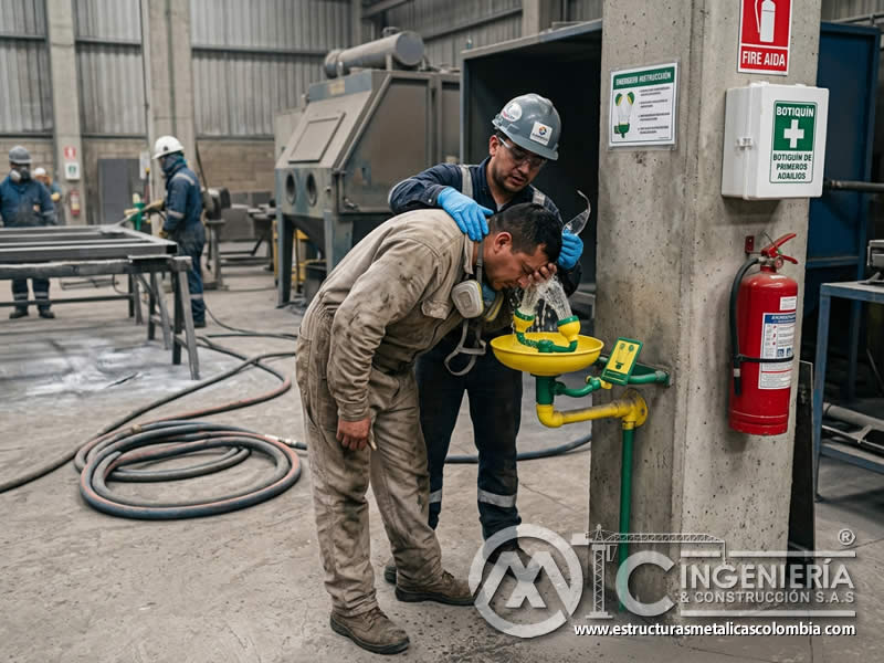 Lavado ocular por partículas abrasivas en chorreado de arena con estación de emergencia en Bogotá, Colombia. Montajes, Ingeniería y Construcción. MIC SAS.