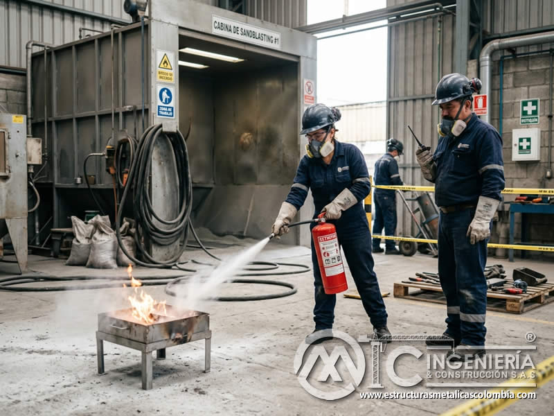 Lucha contra incendios en sandblasting con extintores accesibles y personal capacitado en Bogotá, Colombia. Montajes, Ingeniería y Construcción. MIC SAS.