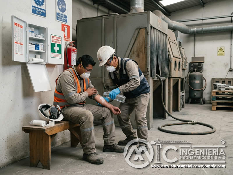 Procedimiento de auxilio por quemaduras en arenado con equipos calientes y atención inicial en Bogotá, Colombia. Montajes, Ingeniería y Construcción. MIC SAS.