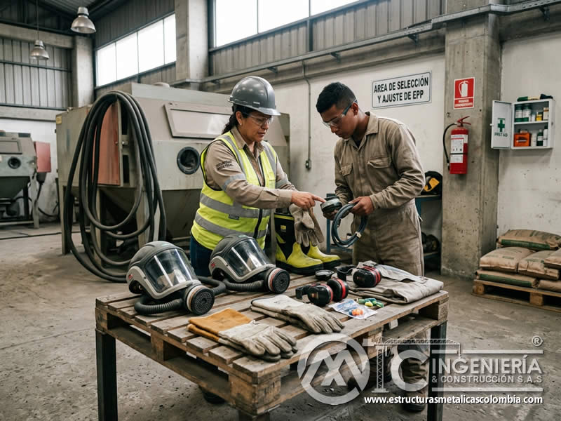 Selección de EPP para emergencia en chorro abrasivo según polvo, fuego o derrames en Bogotá, Colombia. Montajes, Ingeniería y Construcción. MIC SAS.