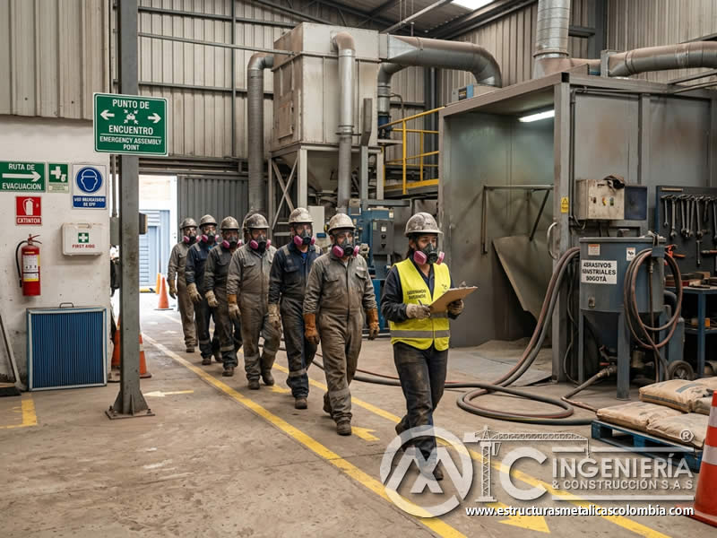 Simulacro de evacuación en limpieza abrasiva con personal capacitado y rutas verificadas en Bogotá, Colombia. Montajes, Ingeniería y Construcción. MIC SAS.