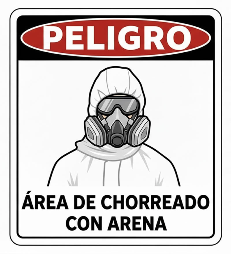 Señal de peligro en área de chorreado con arena con EPP obligatorio en Bogotá, Colombia. Montajes, Ingeniería y Construcción. MIC SAS.
