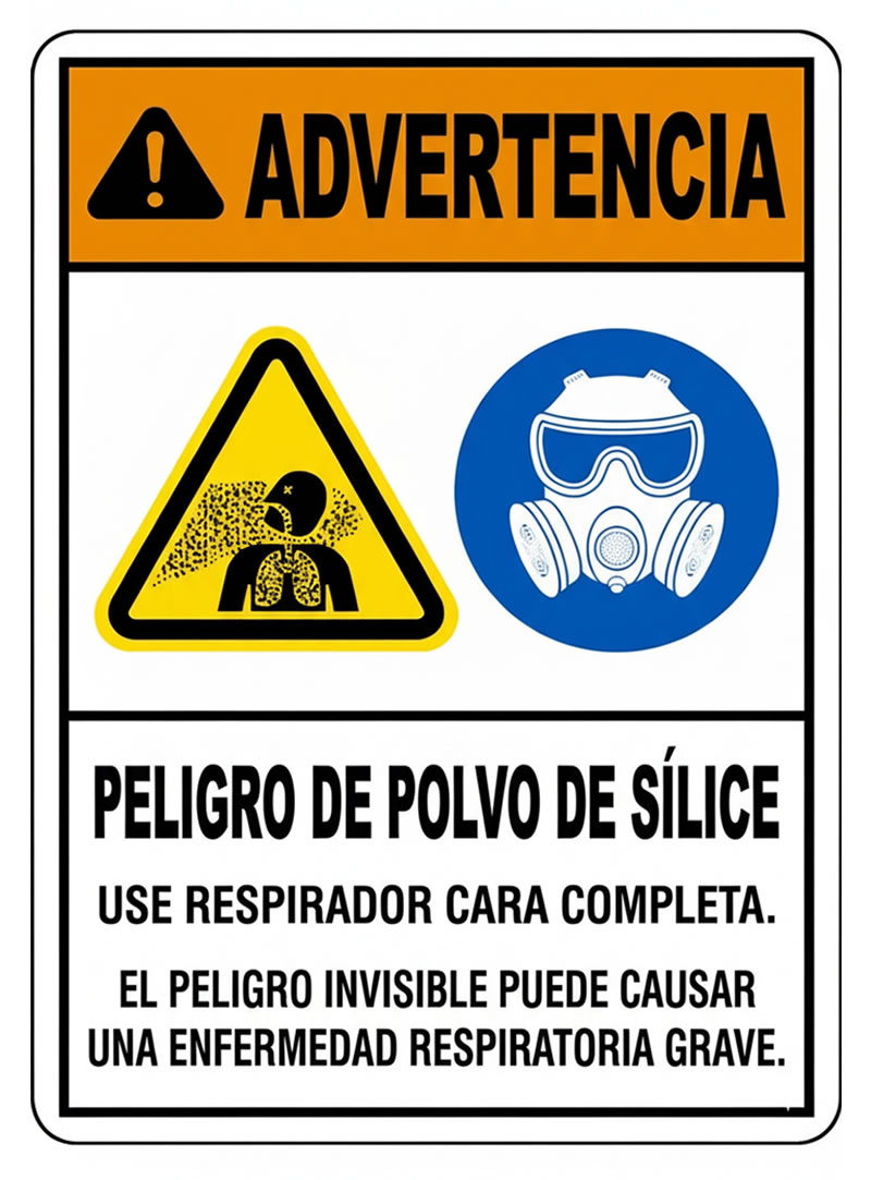 Señal de peligro por polvo de sílice en área de limpieza abrasiva en Bogotá, Colombia. Montajes, Ingeniería y Construcción. MIC SAS.