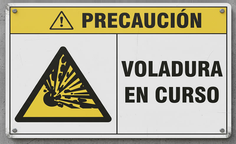 Señal de precaución por proyección de partículas en chorro abrasivo en Bogotá, Colombia. Montajes, Ingeniería y Construcción. MIC SAS.