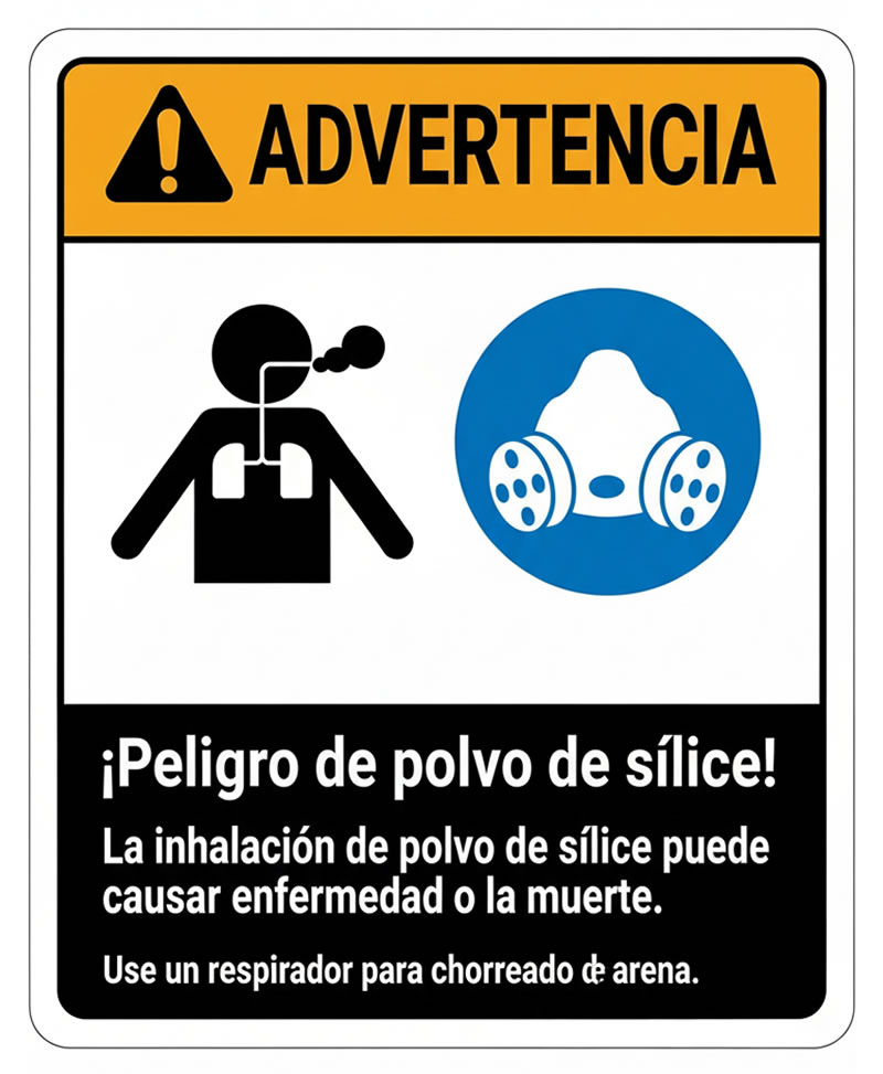 Señal de riesgo de polvo de sílice en operaciones de arenado en Bogotá, Colombia. Montajes, Ingeniería y Construcción. MIC SAS.